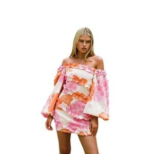 SABO Sirromet Shirred Dress Solstice Pink Smocked Balloon Sleeves Mini Size 6
